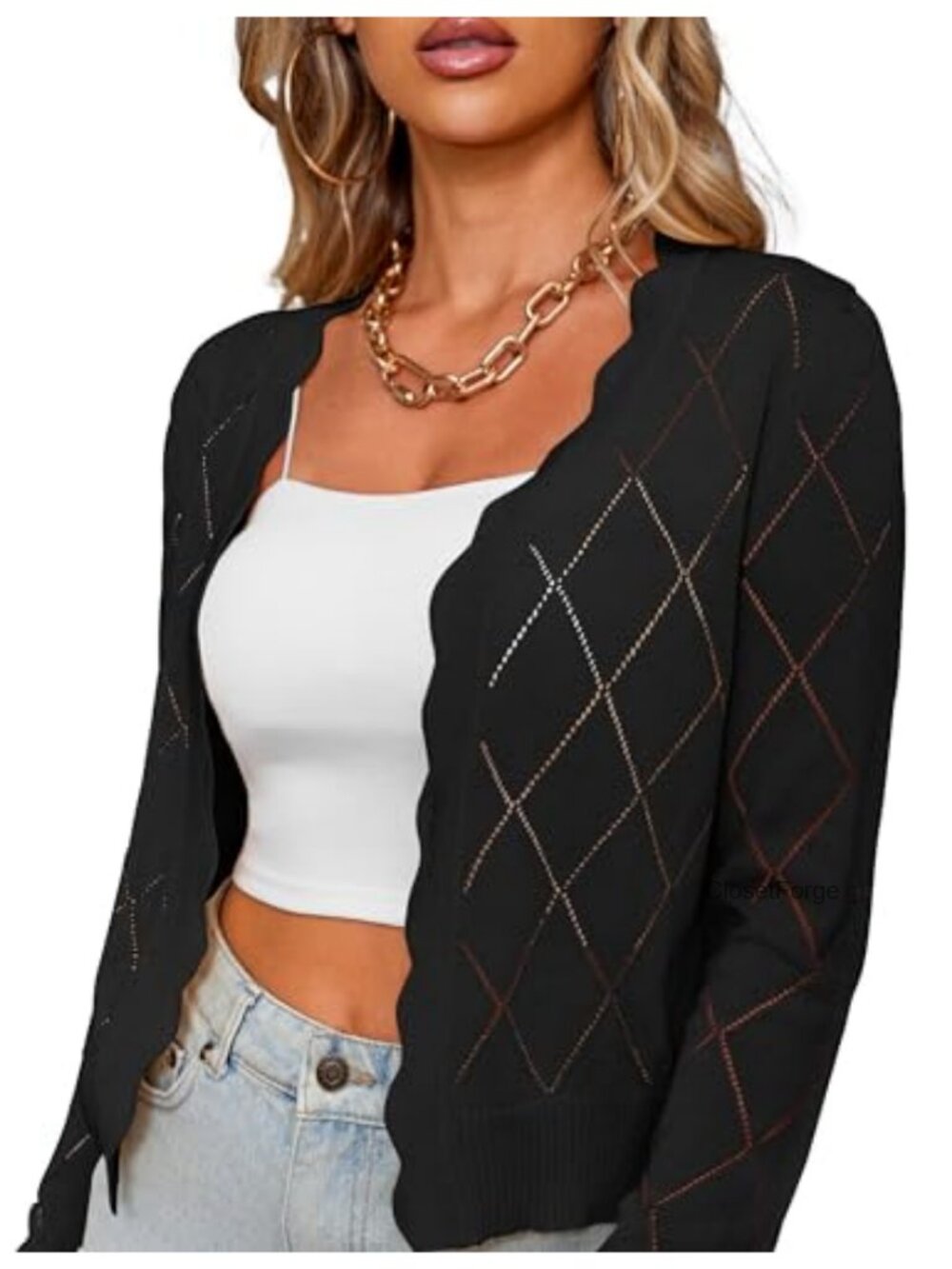 Lightweight Hollow Out Cropped Cardigan Sweater Open Front Long Sleeve